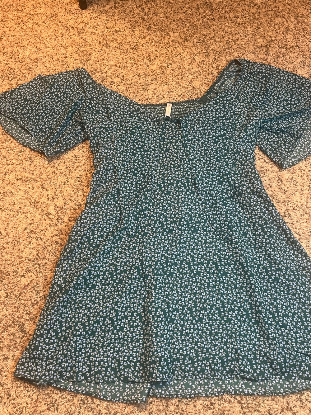 Woman Teal Floral Puff-Sleeve Dress